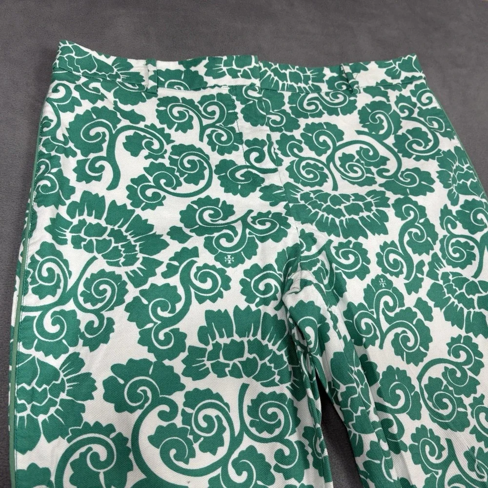 Tory Burch Size 10 Green White Floral Print Straight Leg Pants Cotton Stretch